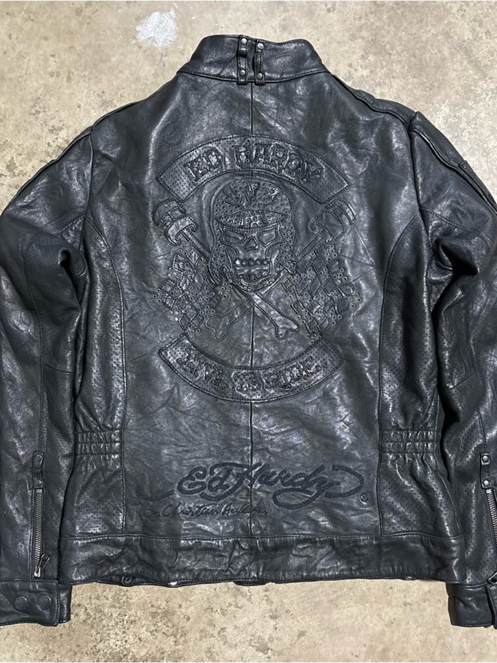 Ed Hardy Black Embossed Leather Bomber Jacket
